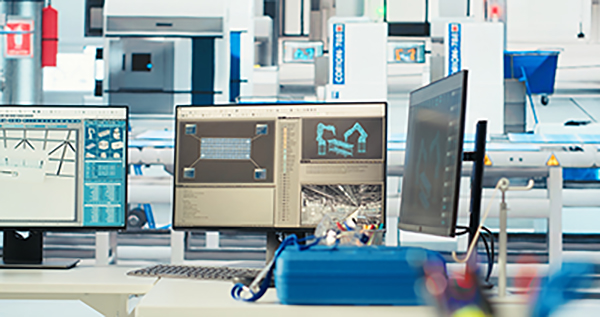 Simulation software on computer monitor in empty solar panels plant CAD program on PC screen in photovoltaics factory used for designing production lines for solar panel assembly facility. Simulation software on computer monitor in empty solar panels plant